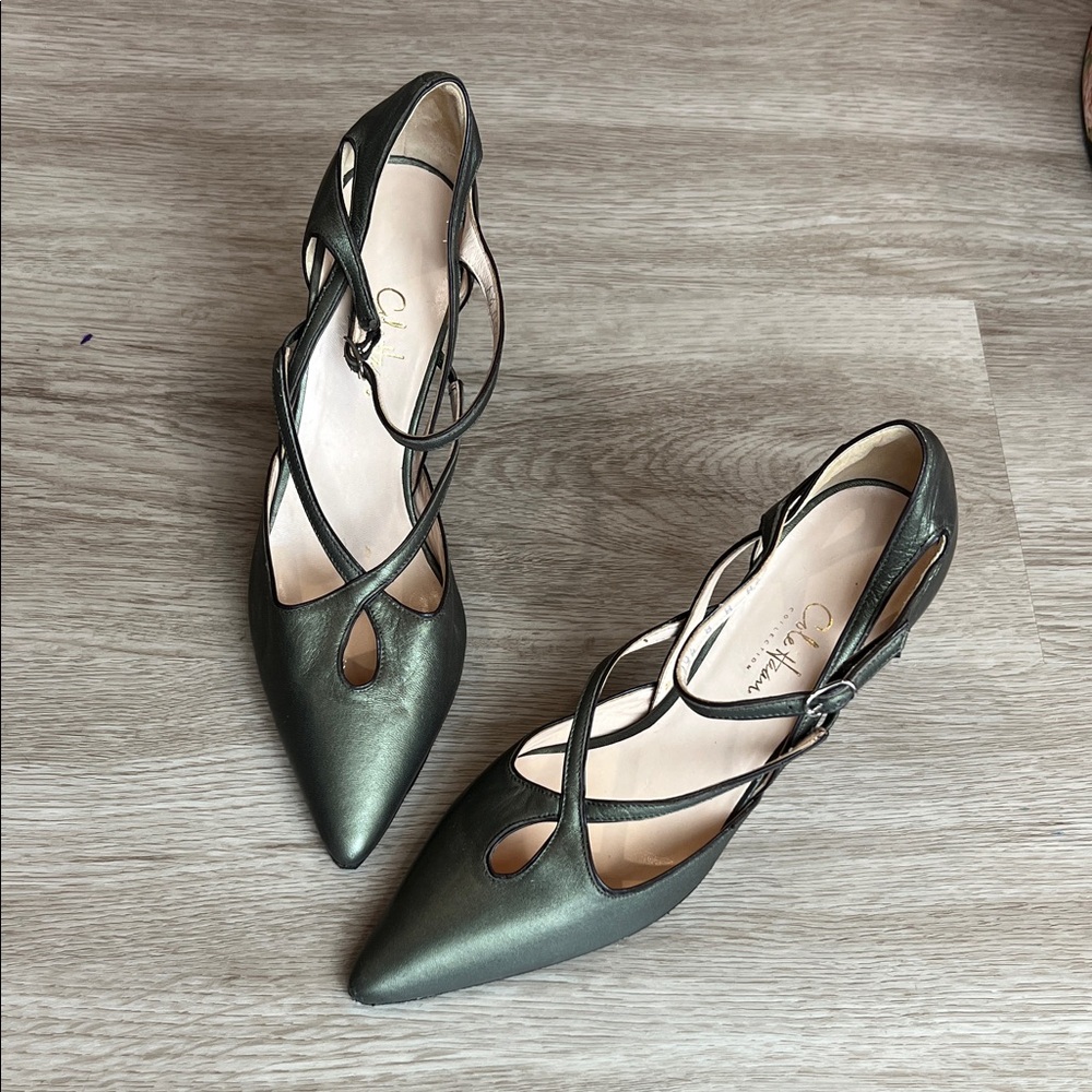 Cole Haan Collection Pointed Toe Strappy Pumps in Metallic Olive Green Leather - Picture 14 of 16